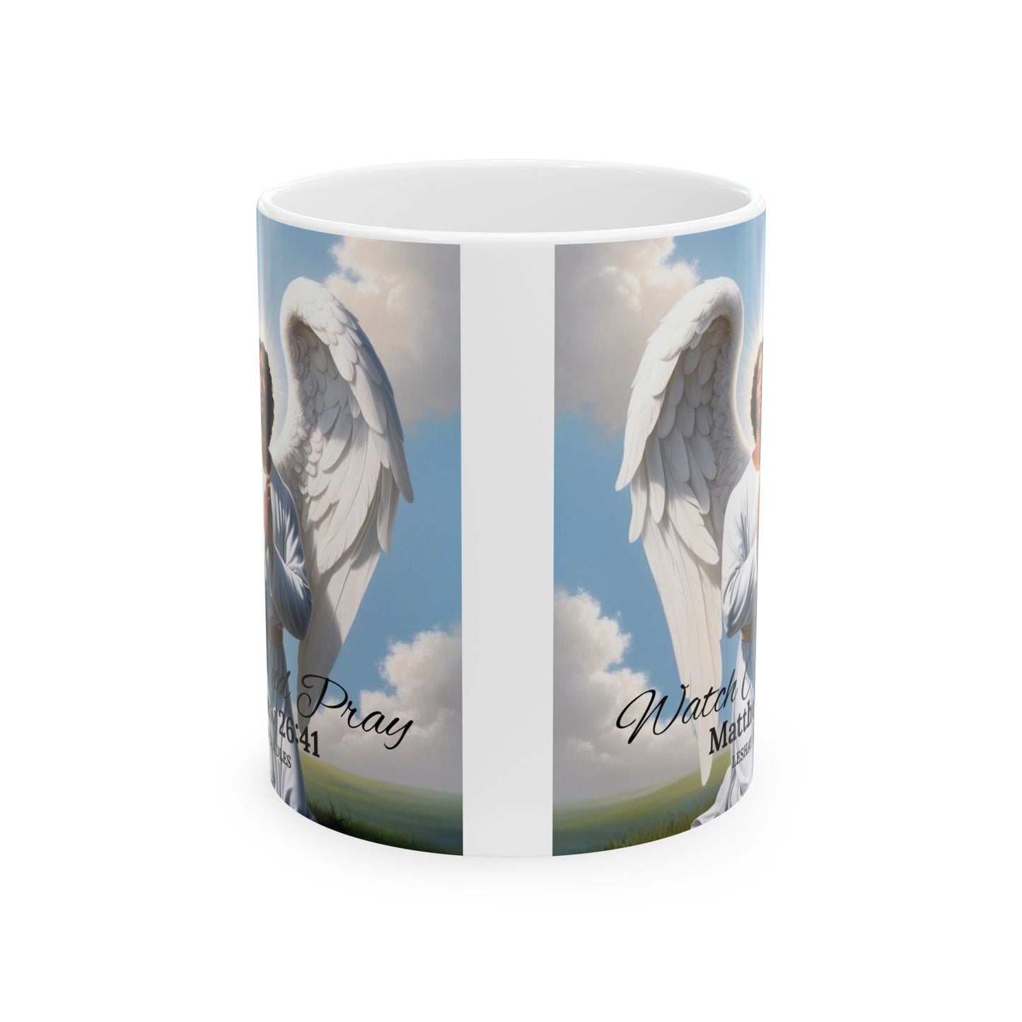 "WATCH AND PRAY MALE ANGEL CERAMIC MUG"