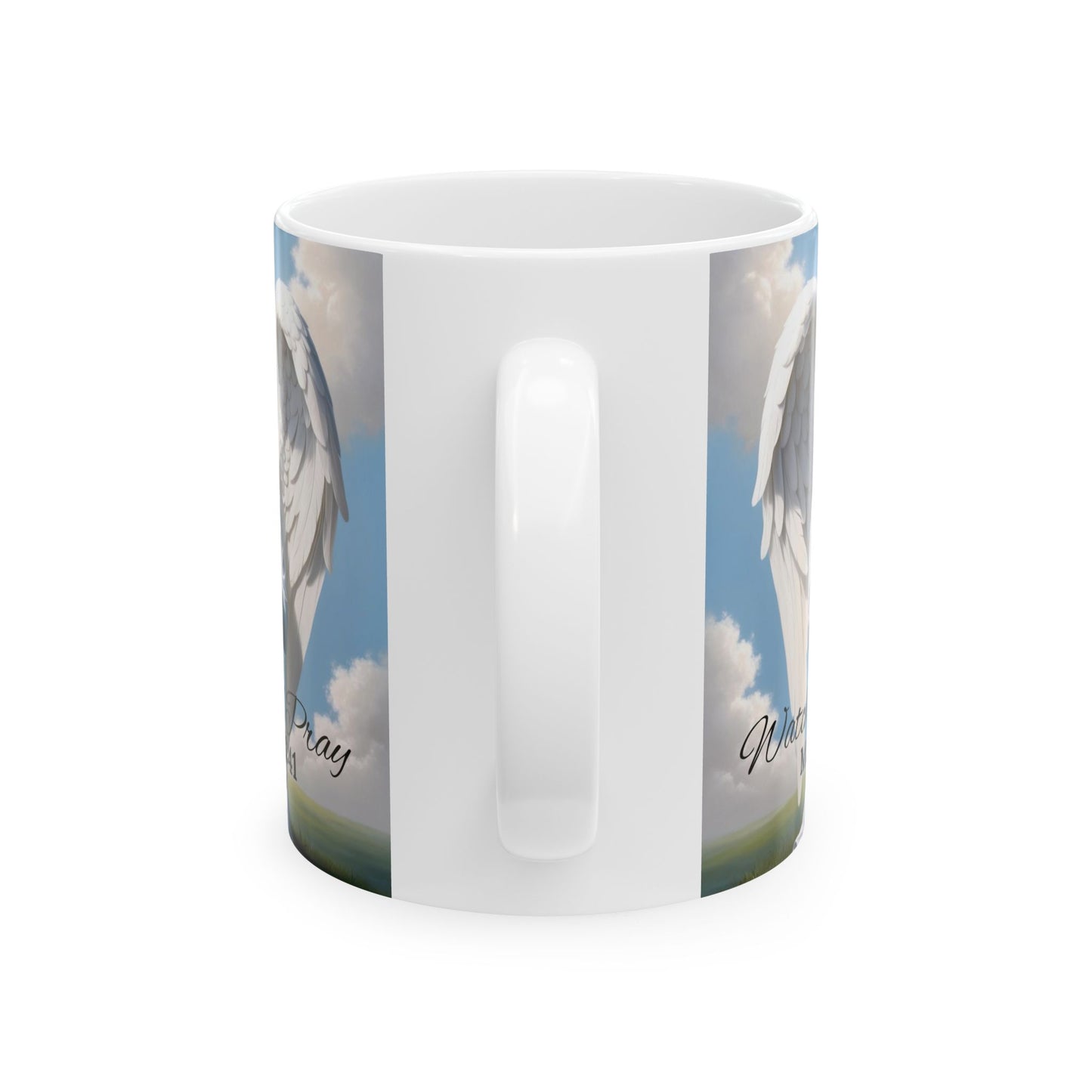 "WATCH AND PRAY MALE ANGEL CERAMIC MUG"