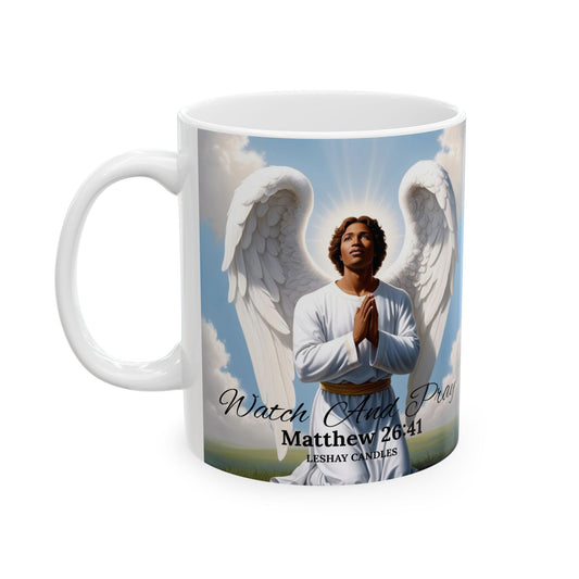 "WATCH AND PRAY MALE ANGEL CERAMIC MUG"