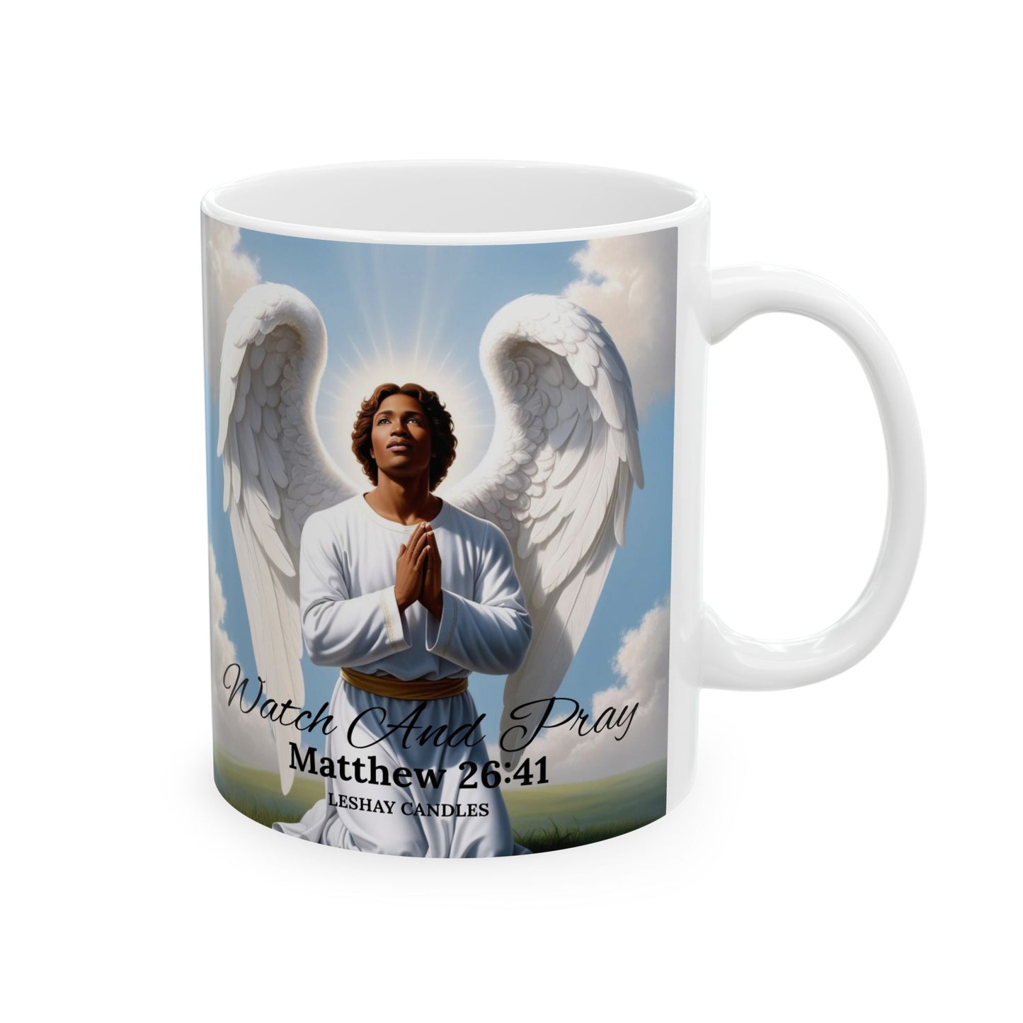 "WATCH AND PRAY MALE ANGEL CERAMIC MUG"