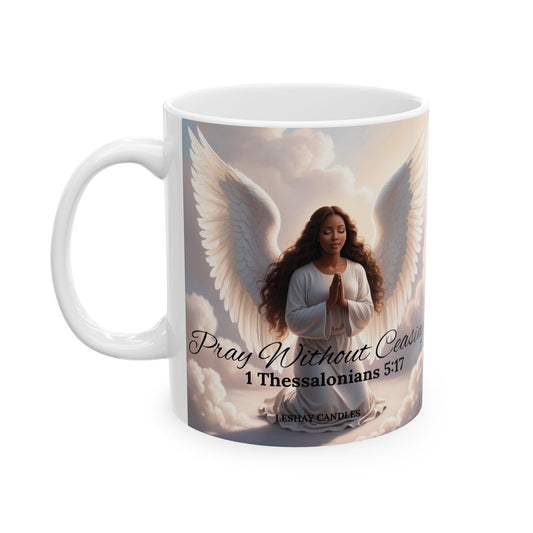 "PRAY WITHOUT CEASING FEMALE ANGEL MUG"