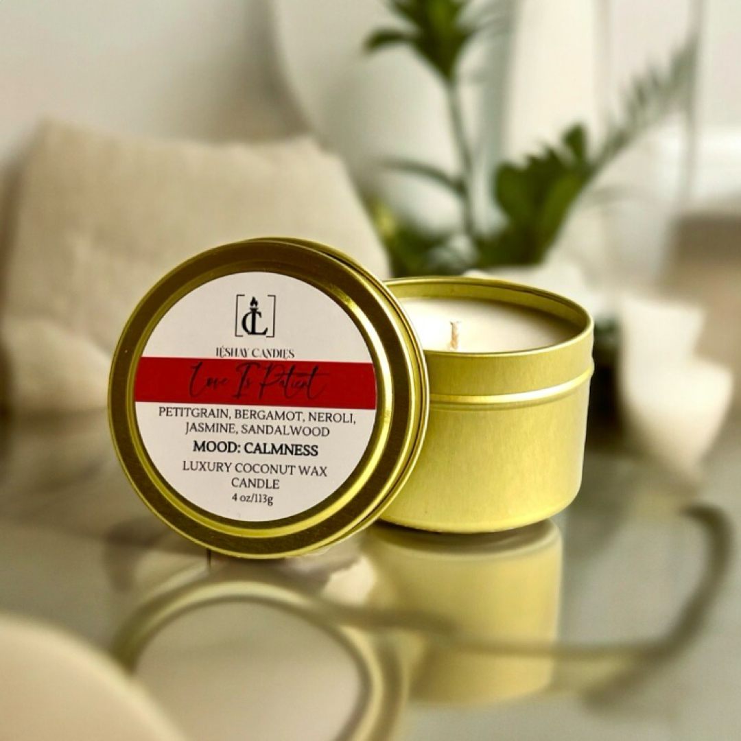 "LOVE IS PATIENT" SMALL LUXURY TRAVEL TIN CANDLE